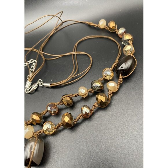 Champagne Root Beer Tassel Necklace 2 Strand Copper Glass Bead AB Macrame Cord - Picture 5 of 9